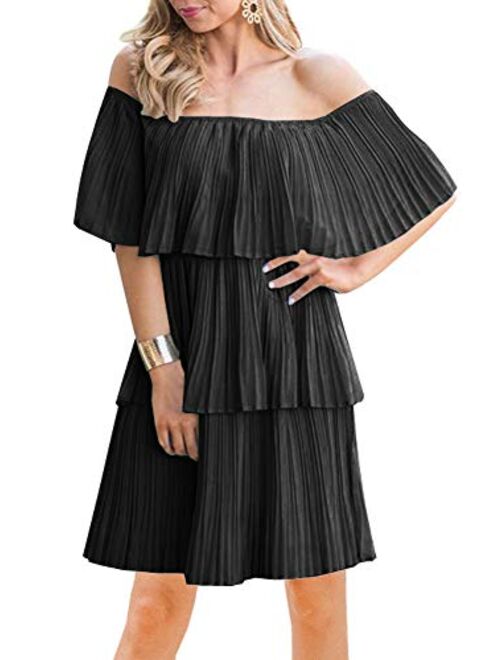 Soesdemo Women's Casual Off The Shoulder Sleeveless Tiered Ruffle Pleated Short Party Beach Dress