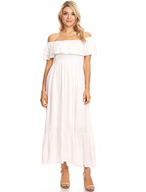 Anna Kaci Anna-Kaci Womens Boho Peasant Ruffle Stretchy Short Sleeve Long Dress