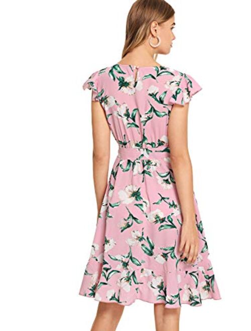 Floerns Women's Floral Print Ruffle Tie Waist Summer Chiffon Dress
