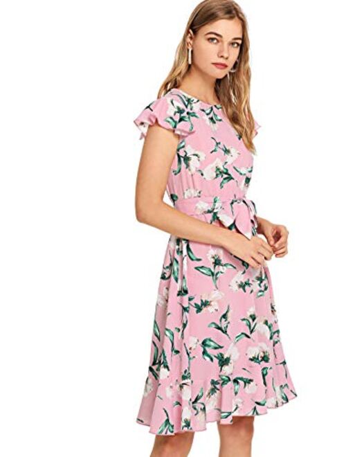 Floerns Women's Floral Print Ruffle Tie Waist Summer Chiffon Dress