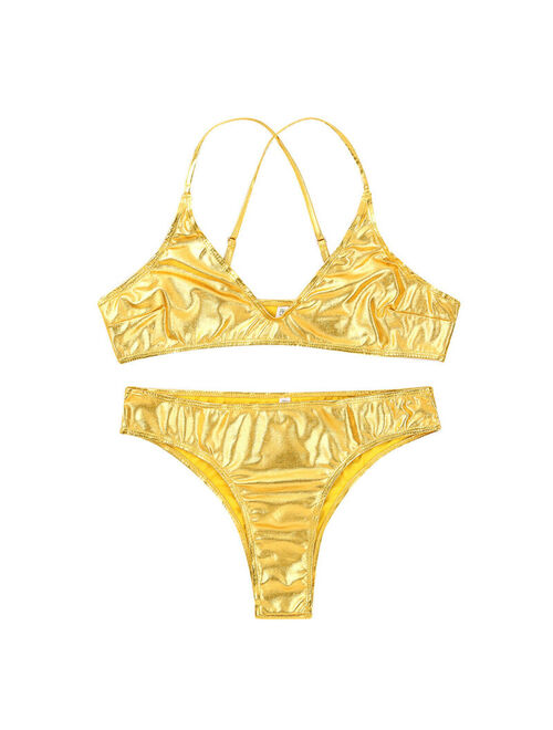 Womens Metallic Soft Bra Bikini Set Swimsuit Swimwear Bathing Strappy Top Briefs