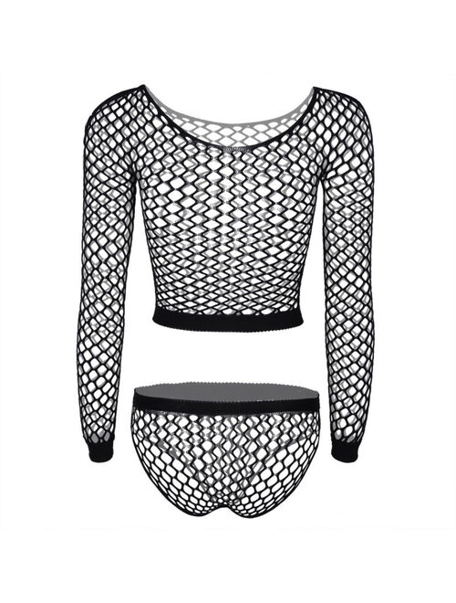 Women Hollow Out Fishnet Crop Top Soft Stretchy Lingerie Sets Swimwear Costumes
