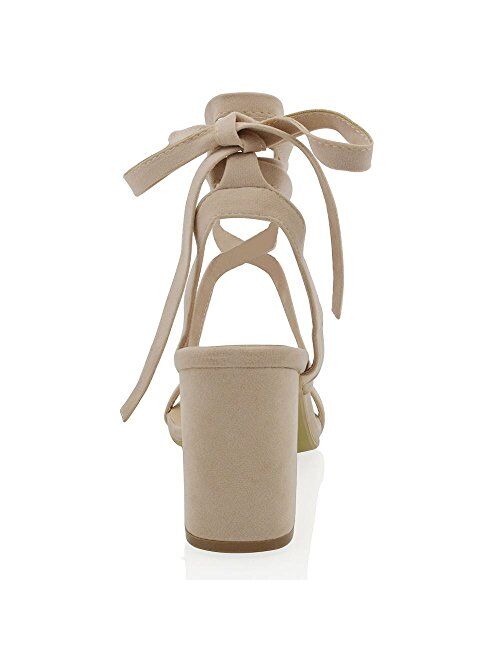 ESSEX GLAM Womens Chunky Block Low Mid Heel Lace Up Strappy Sandal Faux Suede Shoes