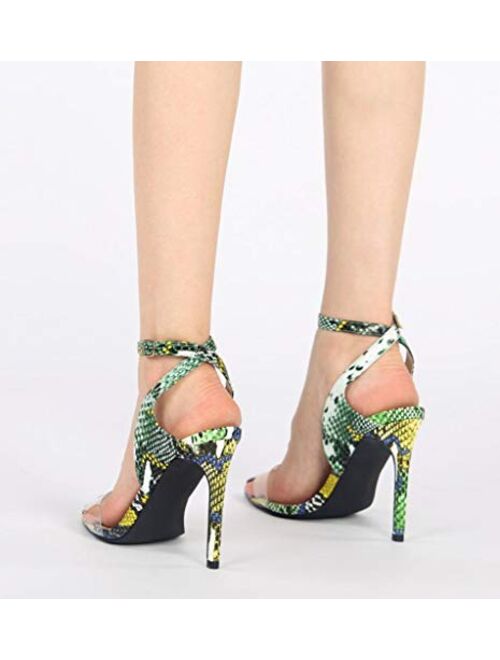WSKEISP Womens Snakeskin Open Toe Strappy Heels Slingback D'Orsay Stiletto High Heeled Sandals