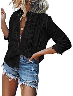 Aleumdr Women's Lace Crochet V Neck 3/4 Sleeve Button Down Blouses Casual Shirts Tops