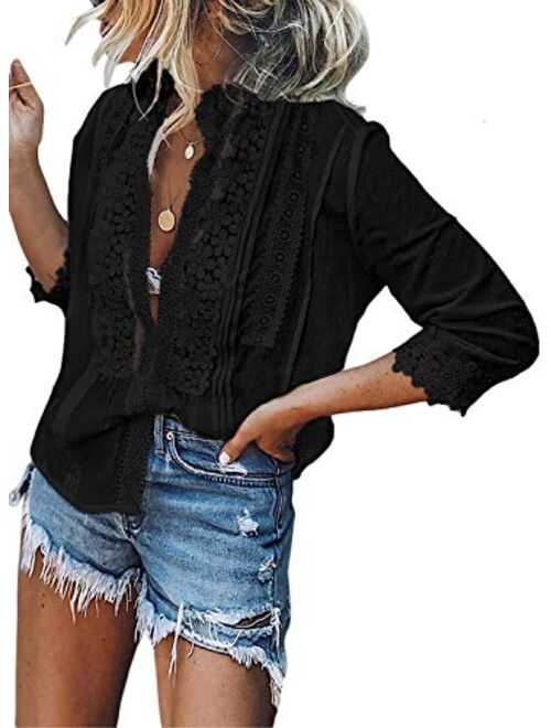 Aleumdr Women's Lace Crochet V Neck 3/4 Sleeve Button Down Blouses Casual Shirts Tops