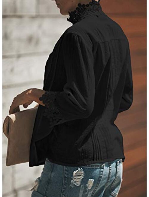 Aleumdr Women's Lace Crochet V Neck 3/4 Sleeve Button Down Blouses Casual Shirts Tops