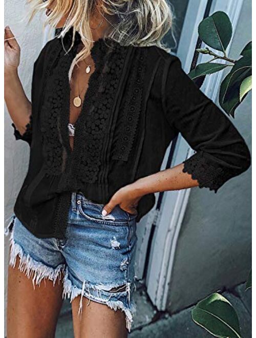 Aleumdr Women's Lace Crochet V Neck 3/4 Sleeve Button Down Blouses Casual Shirts Tops