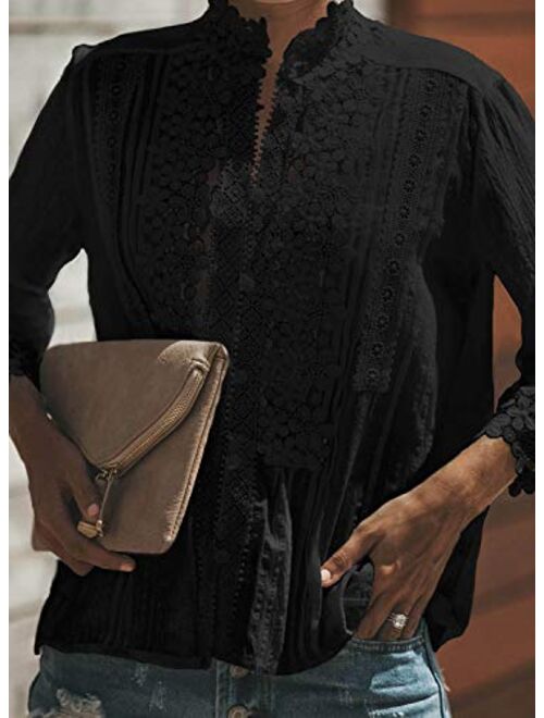 Aleumdr Women's Lace Crochet V Neck 3/4 Sleeve Button Down Blouses Casual Shirts Tops
