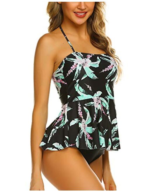 ADOME Tummy Control Tankini Swimsuits for Women 2 Pcs Swimsuit Set Floral Print Ruffle Halter Swimwear