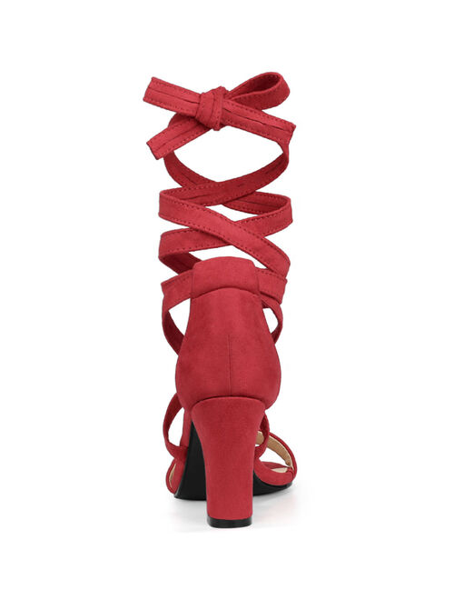 Women's Crisscross Lace Up Mid Block Heels Sandals Red (Size 8)
