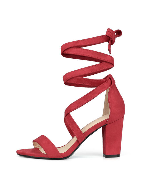 Women's Crisscross Lace Up Mid Block Heels Sandals Red (Size 8)