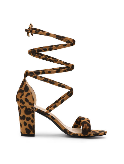 Women's One Strap Block Heel Lace Up Sandals Leopard (Size 8)