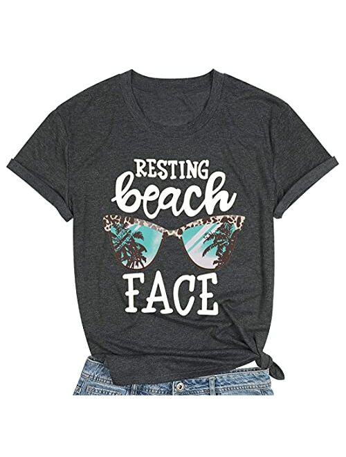 Resting Beach Face T-Shirt Women Funny Leopard Sunglasses Graphic Tees Top Short Sleeve Vacation Tops Shirt