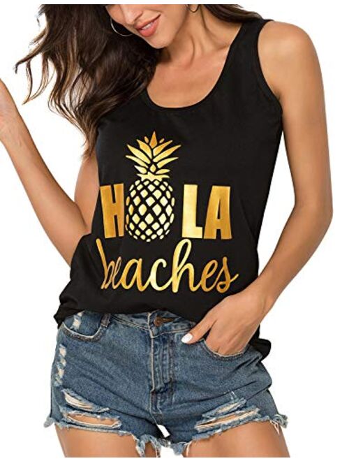 Hubery ZJP Women Casual Hola Beaches Letter Print Tanks Shirt Pineapple Print Tops Tee