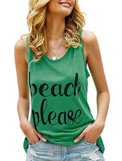 FUMIKAZU Women's Graphic Tank Tops Beach Please Summer Casual Cute Funny Sleeveless Shirts Blouse