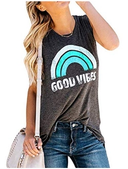 Vaise Womens Graphic Good Vibes Tank Tops Casual Summer Tank Tops Short Sleeve Shirts Tunics Rainbow Good Vibes Shirt