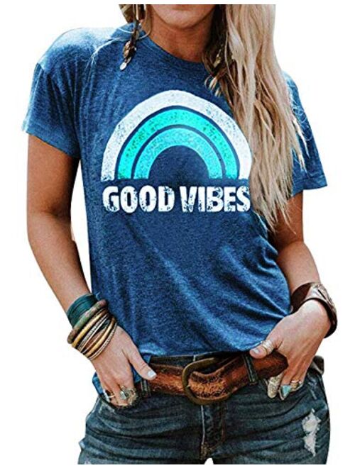 Vaise Womens Graphic Good Vibes Tank Tops Casual Summer Tank Tops Short Sleeve Shirts Tunics Rainbow Good Vibes Shirt