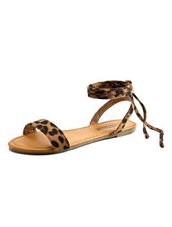 SANDALUP Tie Up Ankle Strap Flat Sandals for Women