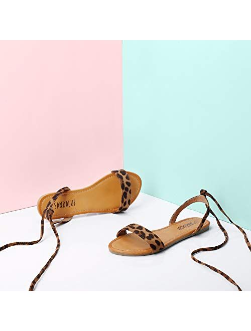 SANDALUP Tie Up Ankle Strap Flat Sandals for Women