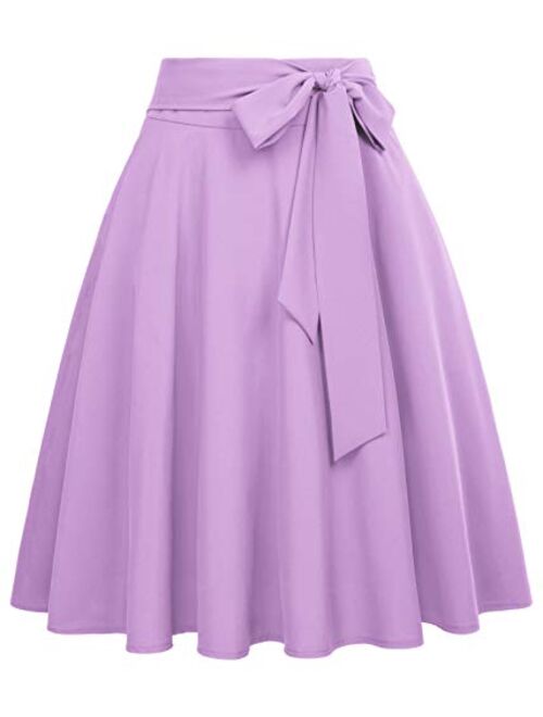 Belle Poque Women's Stretch High Waist A-Line Flared Midi Skirts with Pockets & Belts 