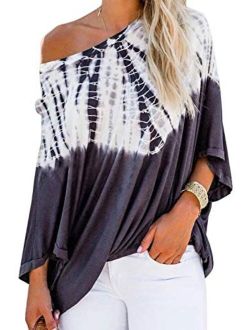 Astylish Women's Tie Dye Print Off Shoulder Tops Blouses Loose Tunic Shirts
