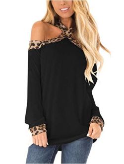 Minclouse Women's Off The Shoulder Leopard Print Tops Sexy Criss Cross Long Sleeve Tunics Strappy Casual Blouse Shirts