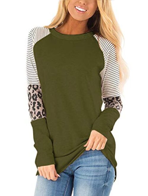 HARHAY Womens Leopard Print Color Block Tunic Round Neck Long Sleeve Shirts Striped Causal Blouses Tops