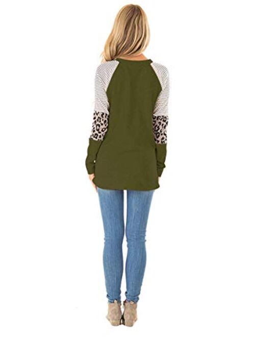 HARHAY Women's Leopard Print Color Block Tunic Round Neck Long Sleeve Shirts Striped Causal Blouses Tops