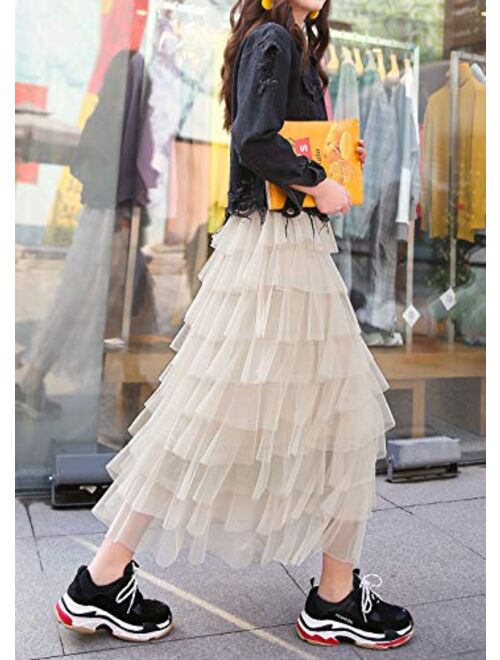 Itemnew Women's Sweet Elastic Waist Tulle Layered Ruffles Mesh Long Tiered Skirt