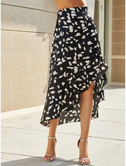 Ruffle Hem All Over Print Asymmetrical Skirt