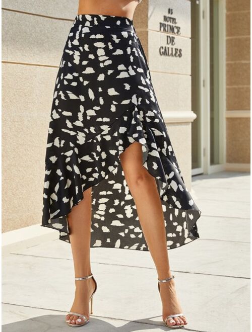 Shein Ruffle Hem All Over Print Asymmetrical Skirt