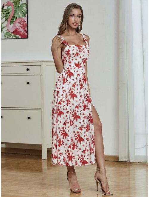 Double Crazy Tied Backless Split Thigh Allover Print Dress