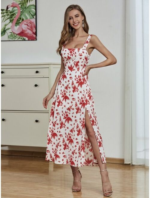 Double Crazy Tied Backless Split Thigh Allover Print Dress