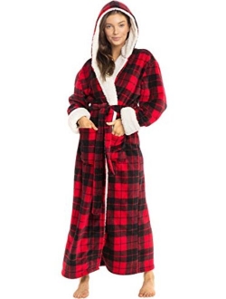 Women's Warm Fleece Robe with Hood, Long Plush Sherpa Bathrobe