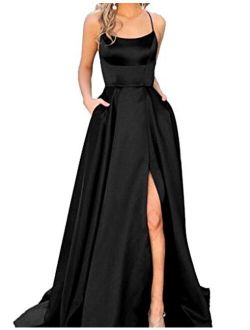 JASY Women's Spaghetti Satin Long Black Prom Dresses with Pockets