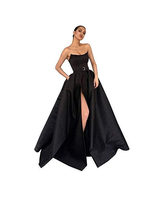 MariRobe Strapless Satin High Slit Evening Dress Prom Party Ball Gown With Pocket