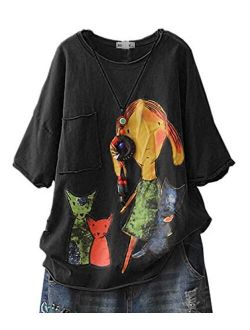 YESNO E78 Women Casual Loose Tee T-Shirts Tops Cartoon Printed Rolled Hem Ripped Short Sleeve Pocket