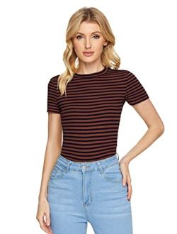 Women's Casual Multi Striped Ribbed Short Sleeve Tee Knit Top