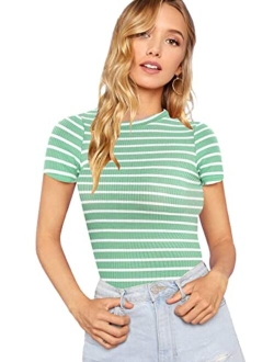 Women's Casual Multi Striped Ribbed Short Sleeve Tee Knit Top
