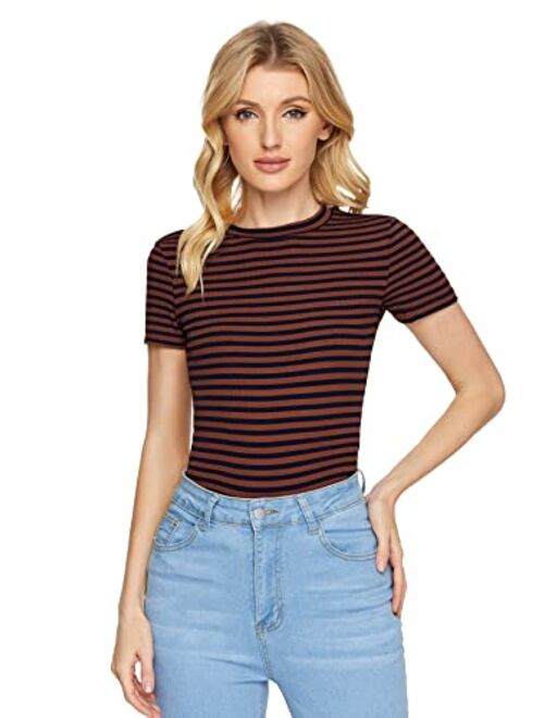 Milumia Women's Casual Multi Striped Ribbed Short Sleeve Tee Knit Top