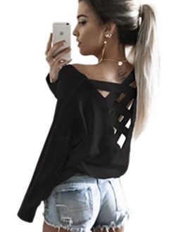 ECOWISH Womens Criss Cross V Neck Top Cut Out Loose Pullover Blouse Backless Shirt Casual Jumper Tops