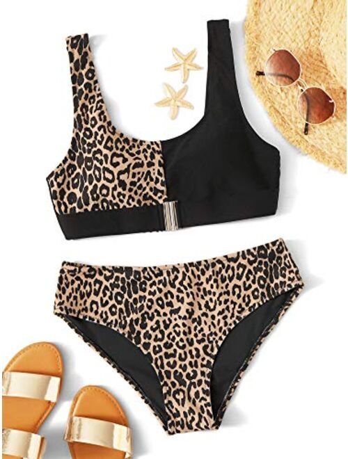Floerns Women's High Waist Leopard Bikini Buckle Front Two Piece Swimsuit