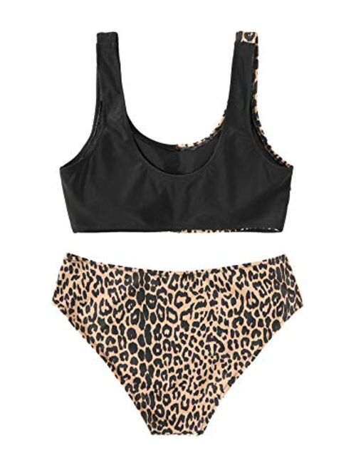 Floerns Women's High Waist Leopard Bikini Buckle Front Two Piece Swimsuit