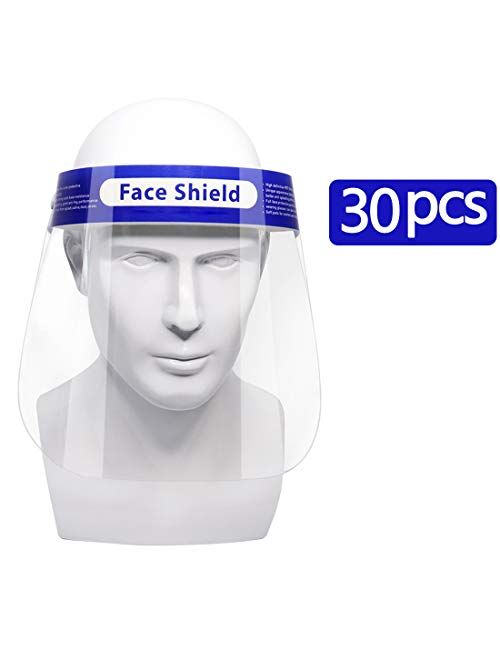 US Stock30 Pcs Safety Face Shield Reusable Full Face Transparent Breathable Visor Windproof Dustproof Hat Shield Protect Eyes And Face With Protective Clear Film Elastic 