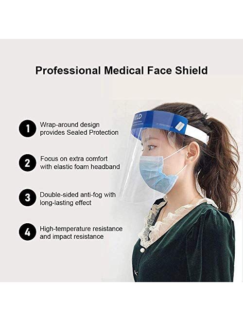 US STOCK100PCS Face Shield Full Face Protect Eyes and Face Plastic Face Shield with Safety Protective Clear Film Elastic Band and Comfort Sponge Dental Face Shield for Me