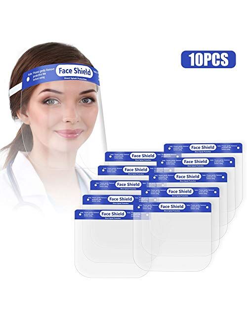 US STOCK 3-7 Weekdays10 PCS Face Shields with Full Face Protective Transparent Plastic Face Shields with Elastic Band and Comfort Sponge, Anti-fog Adjustable Dental Face 
