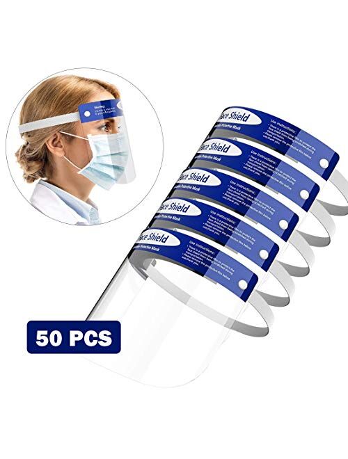 RALMALL Protective Face Shields, 50 Pcs Reusable Safety Face Shields Full Face Isolation for Adults
