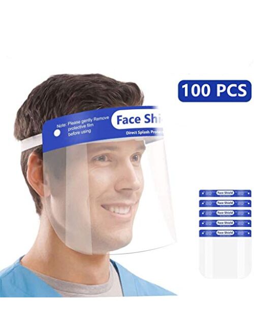 US STOCK100PCS Full Face Shield Protect Eyes and Face with Plastic Protective Clear Film Elastic Band and Comfort Sponge Dental Face Shield for Men Women