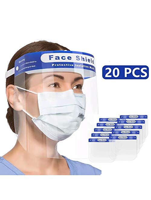 US STOCKPLESON 20PCS Face Shield Full Face Protect Eyes and Face Plastic Face Shield with Safety Protective Clear Film Elastic Band and Comfort Sponge Dental Face Shield 